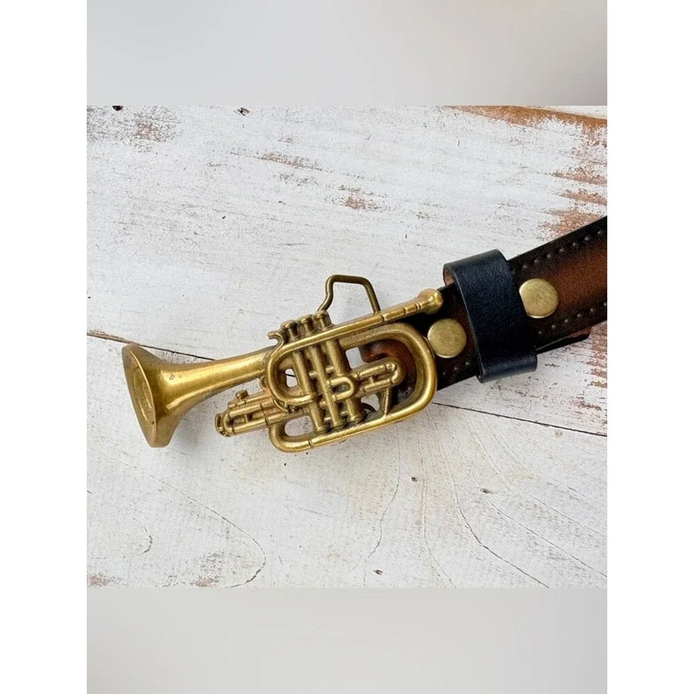 Vintage 70s leather belt Baron solid Brass Buckle cornet trumpet music band 34
